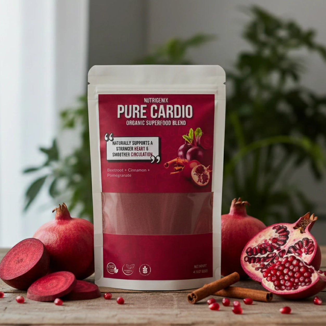 Nutrigenix Pure Cardio organic supplement package with pomegranates, beetroots, and cinnamon on a wooden surface.