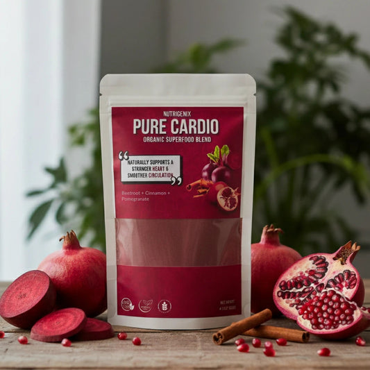 Nutrigenix Pure Cardio organic supplement package with pomegranates, beetroots, and cinnamon on a wooden surface.